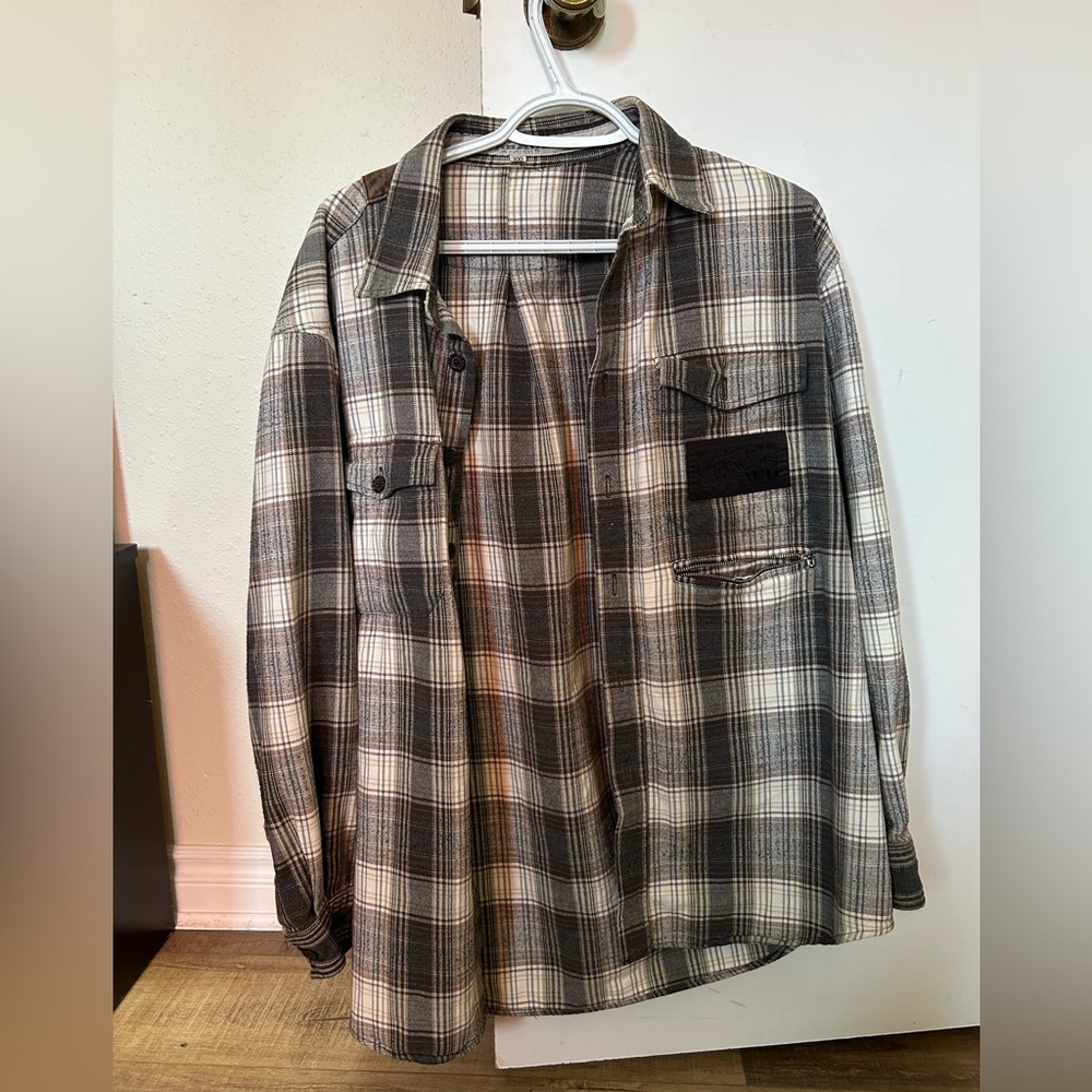 Marithe Francois Girbaud Brown Plaid Shirt Jacket